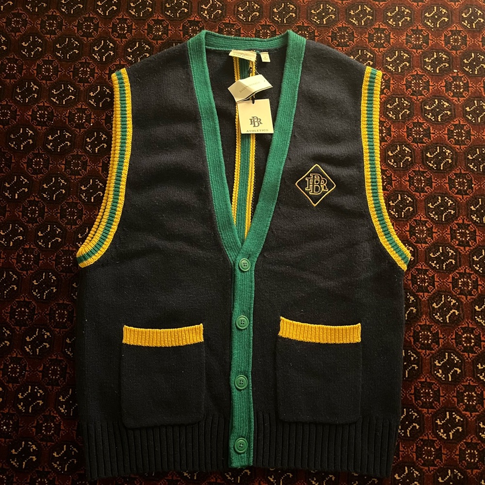 Banana Republic Men's Dark Blue and Teal Vest with Yellow Trim